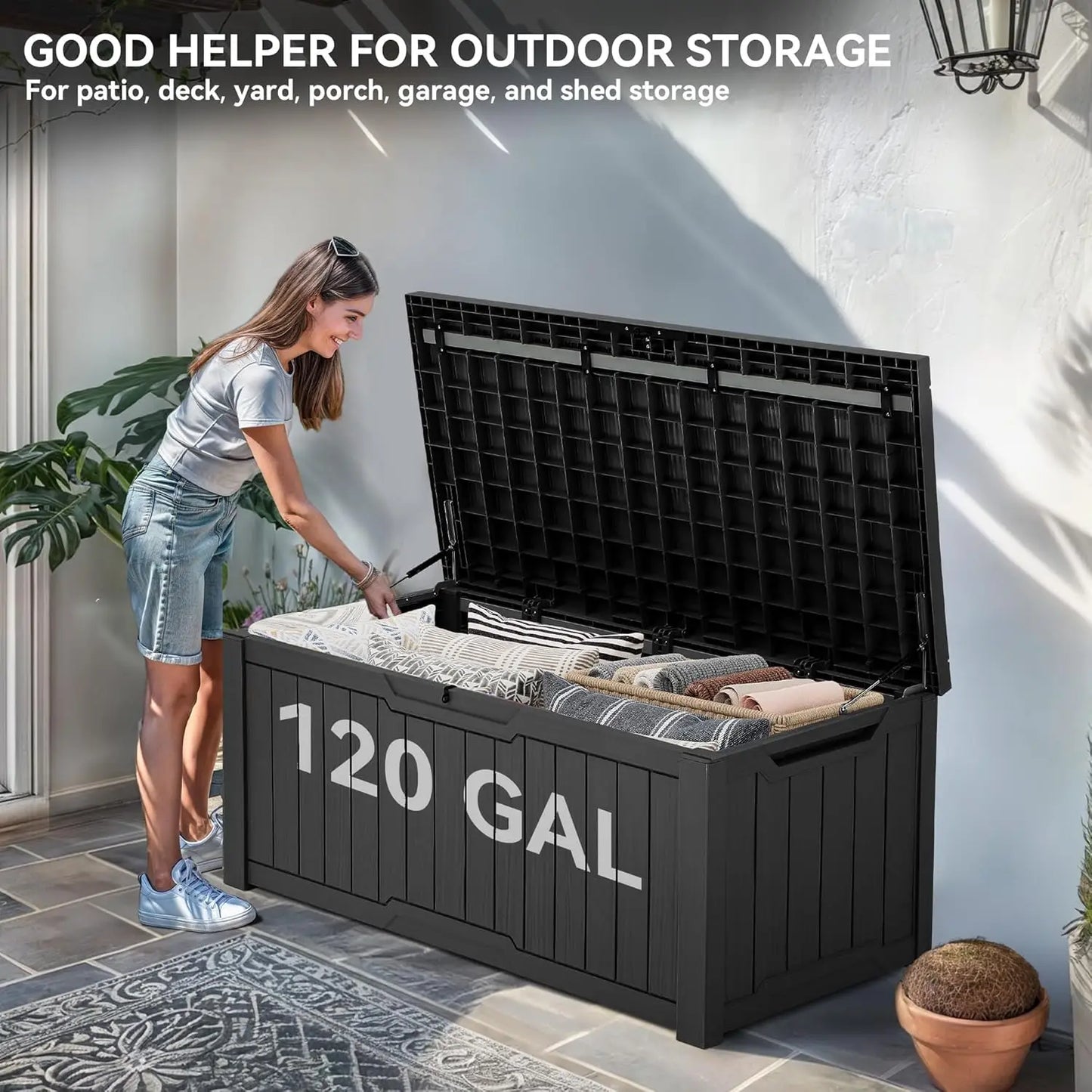 Outdoor Storage Box,120 Gallon Waterproof Deck Box for Garden Tools,Patio Cushions, and Pool Accessories,Lockable, Easy Assembly