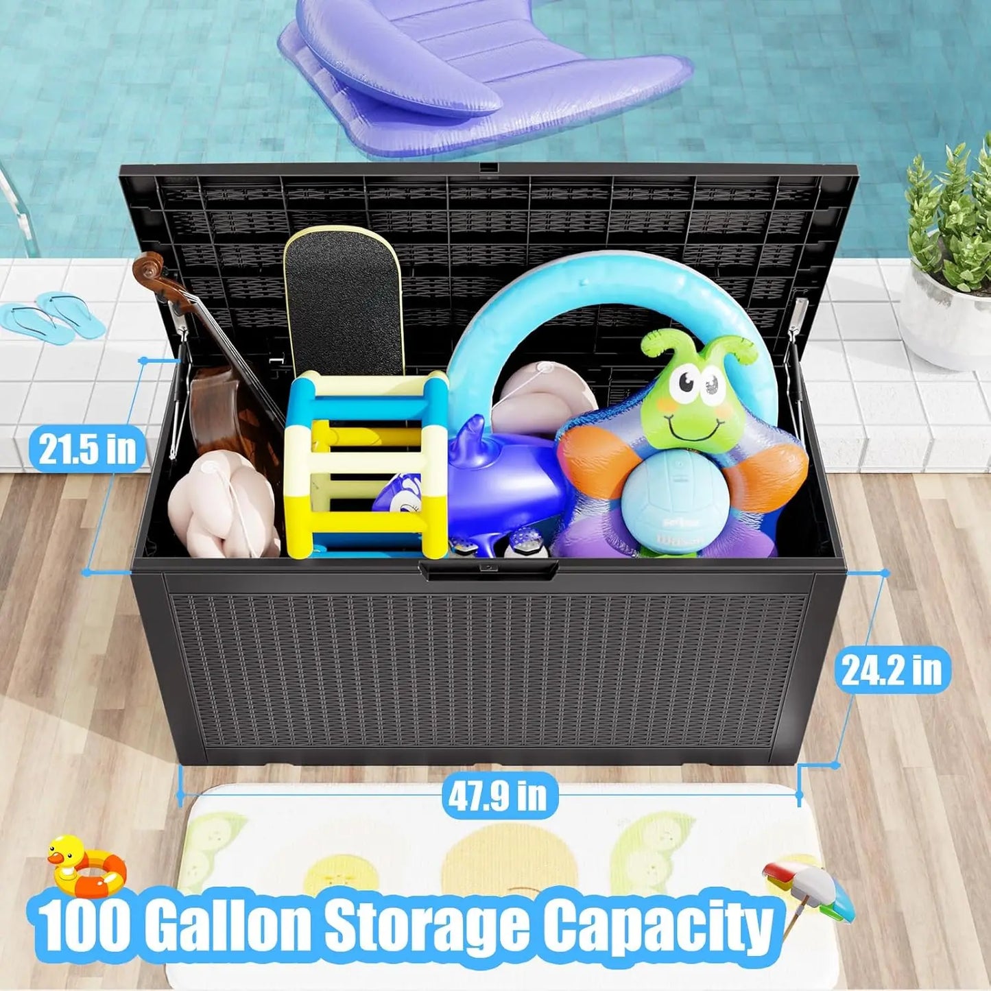 100 Gallon Deck Box,Resin Outdoor Storage Box with Lockable for Patio Furniture,Pool Accessories,Garden Tools Waterproof Outside