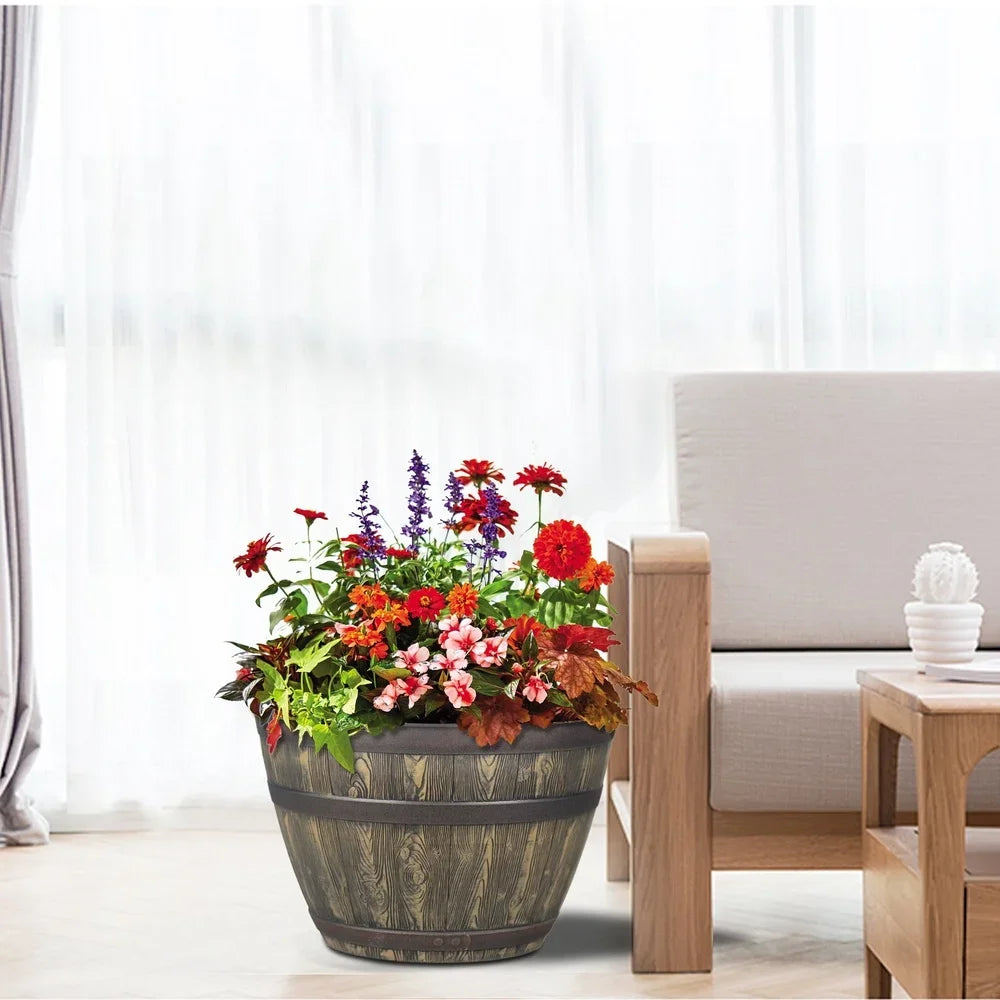 Rustic Whiskey Barrel Planter UV Resistant Brown Plastic Drainage Holes Suitable Indoor Outdoor Gardening Durable Flower Pot