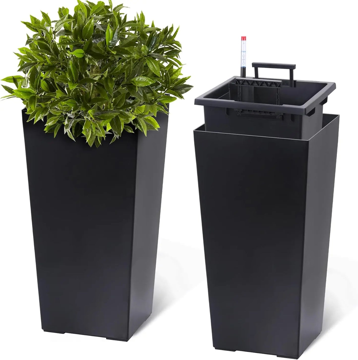 2 PCS 22.4 Inch Tall Planter Indoor & Outdoor Black Taper Planter with Shelf Insert Self-Absorbing Plastic Flower Pots