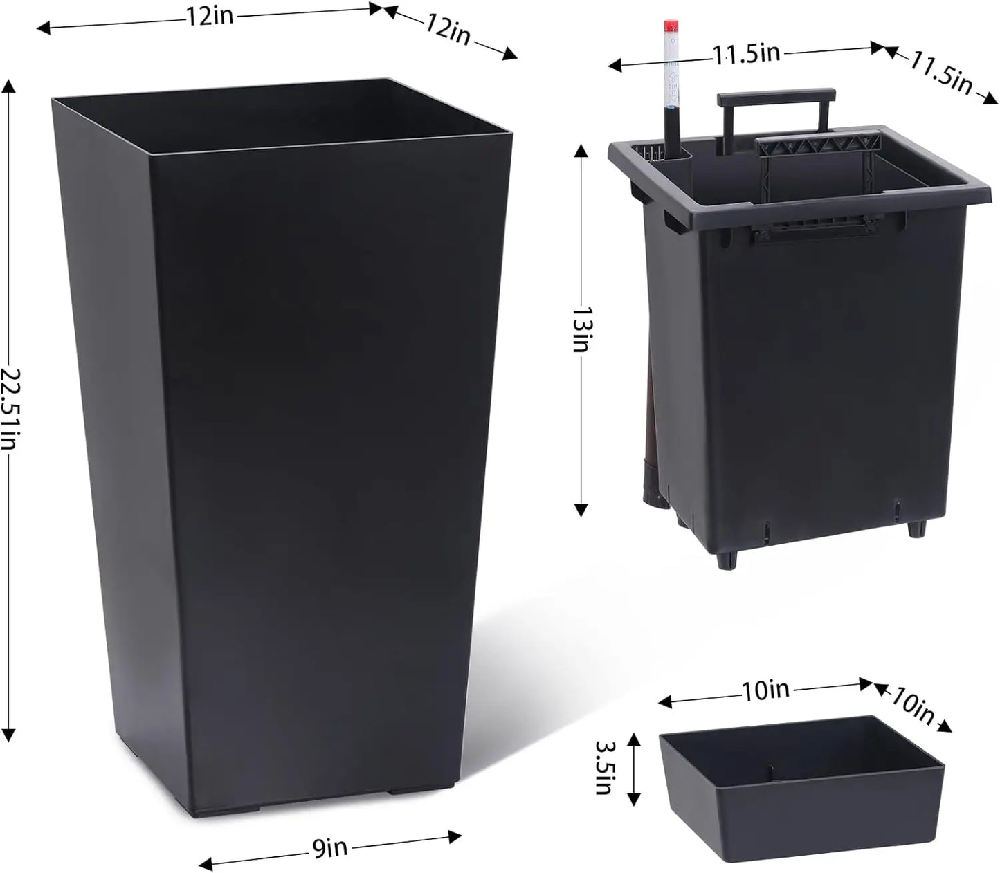2 PCS 22.4 Inch Tall Planter Indoor & Outdoor Black Taper Planter with Shelf Insert Self-Absorbing Plastic Flower Pots