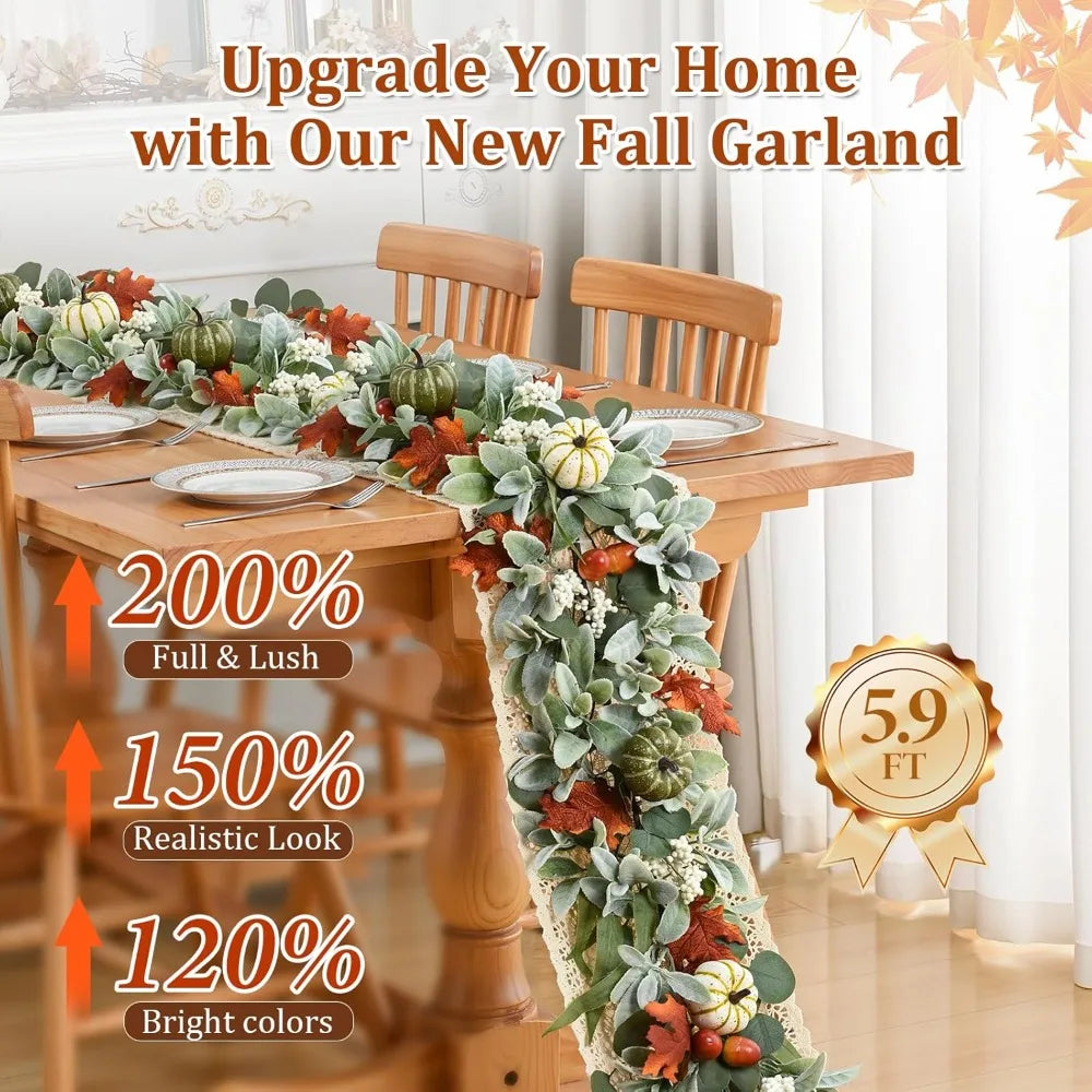 Fall Decorations for Home - 5.9 Ft Fall Leaves Garland with Pumpkin Lamb Ears Leaves Maple Leaves, Autumn Garland for Home Mantl