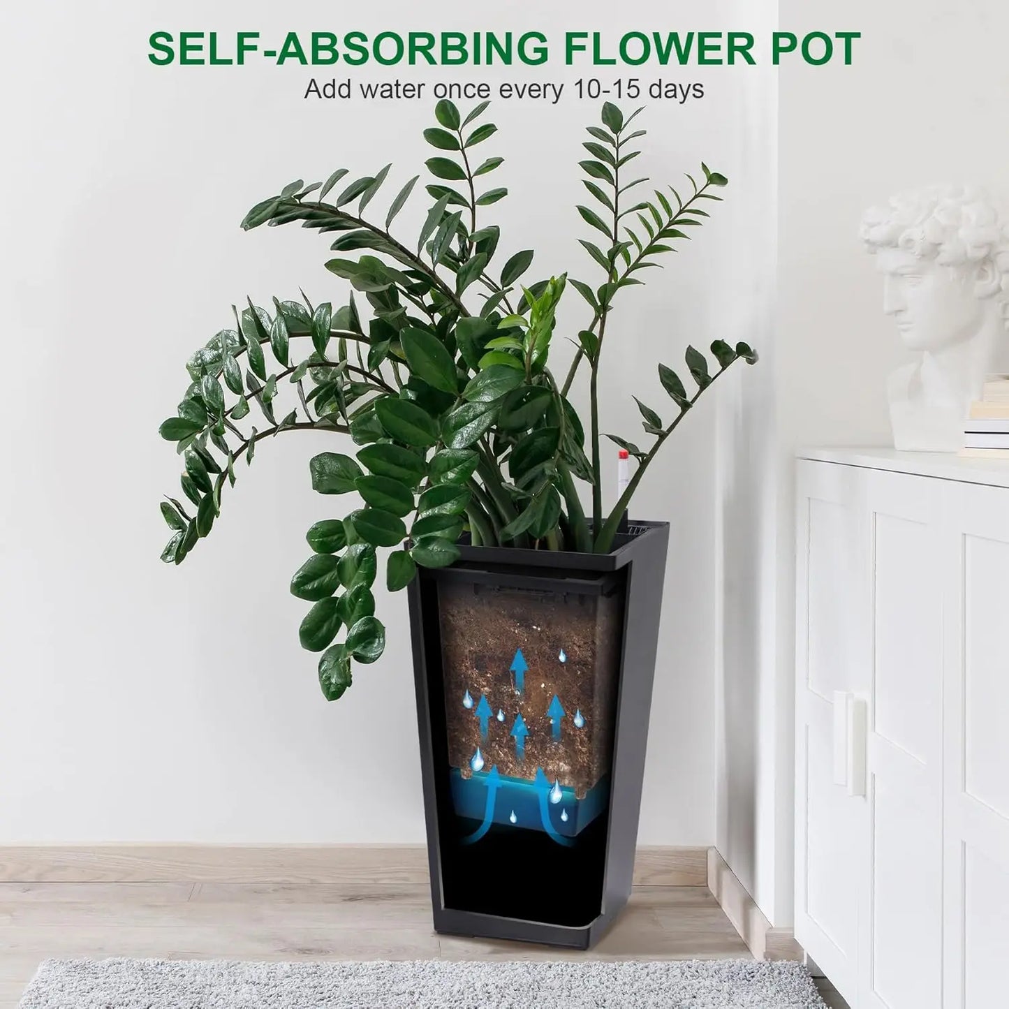 2 PCS 22.4 Inch Tall Planter Indoor & Outdoor Black Taper Planter with Shelf Insert Self-Absorbing Plastic Flower Pots
