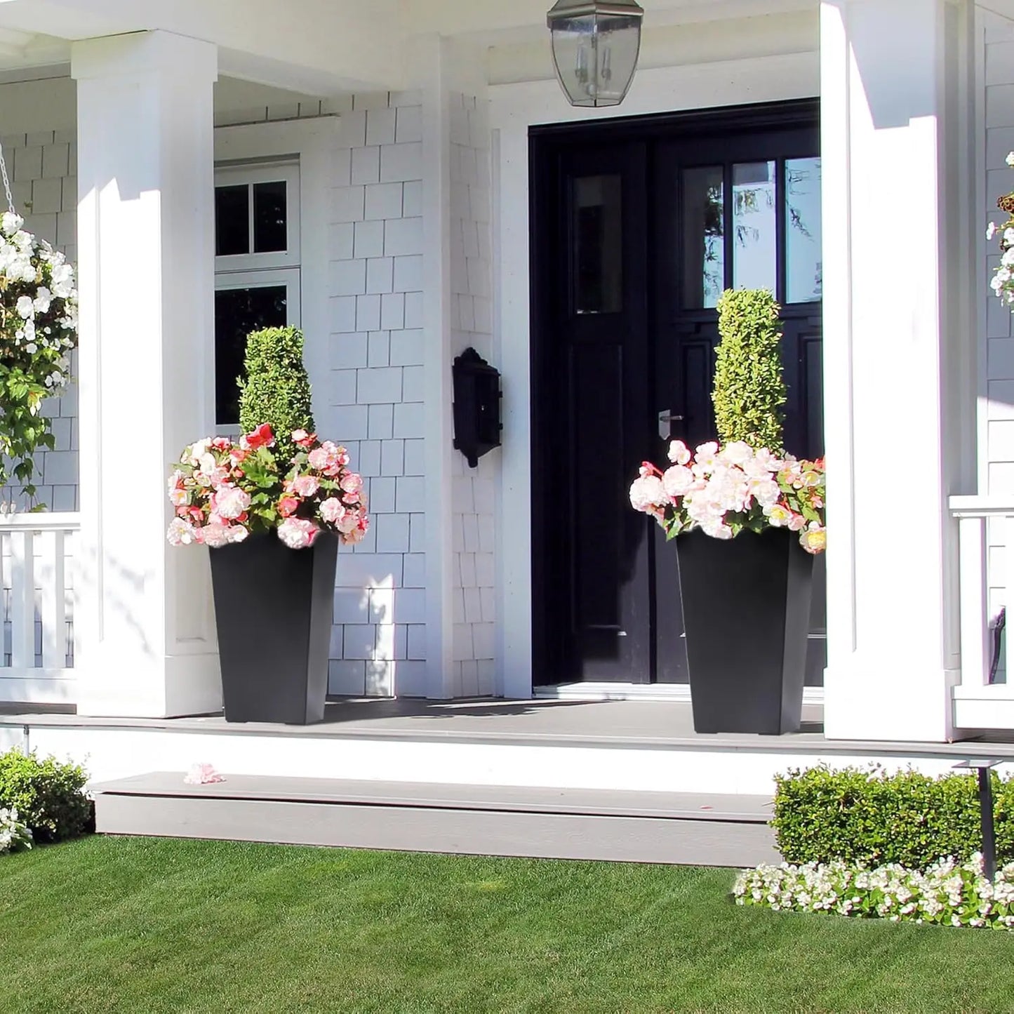 2 PCS 22.4 Inch Tall Planter Indoor & Outdoor Black Taper Planter with Shelf Insert Self-Absorbing Plastic Flower Pots