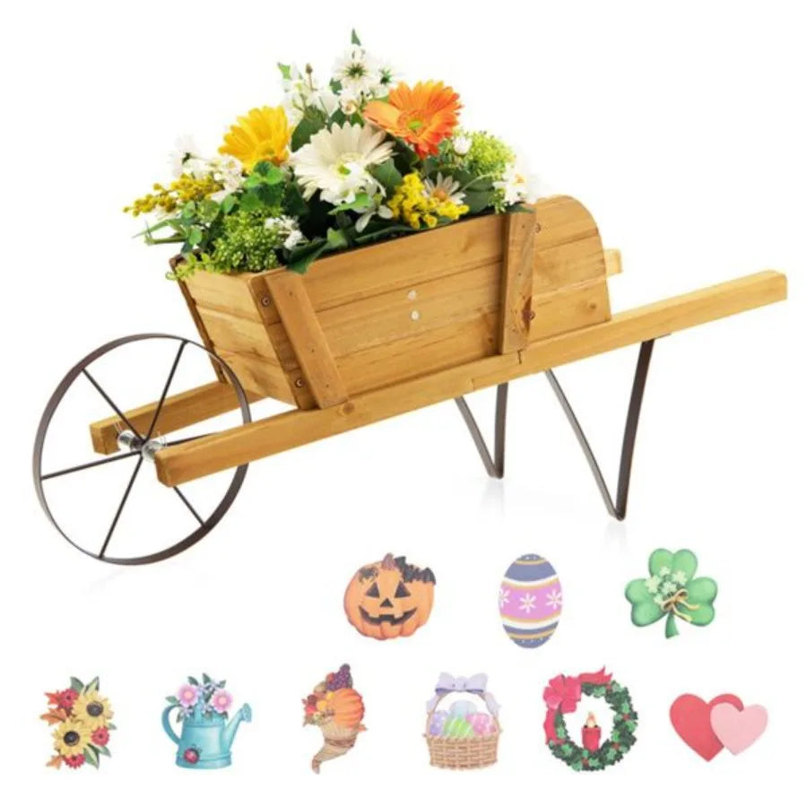 2 In 1 Wheelbarrow Planter Wooden Wagon Planter with 9 Magnetic Accessories for Garden Yard