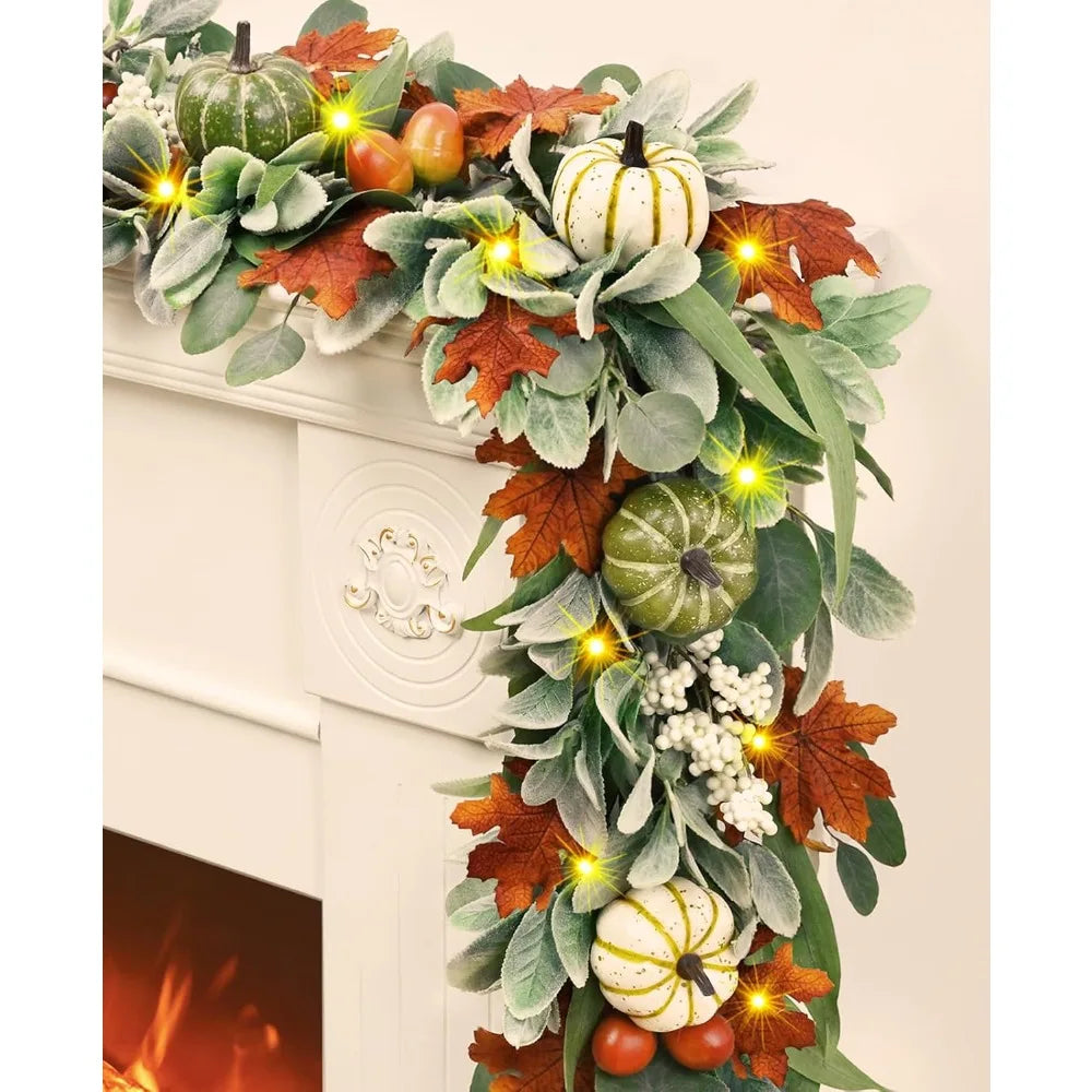 Fall Decorations for Home - 5.9 Ft Fall Leaves Garland with Pumpkin Lamb Ears Leaves Maple Leaves, Autumn Garland for Home Mantl