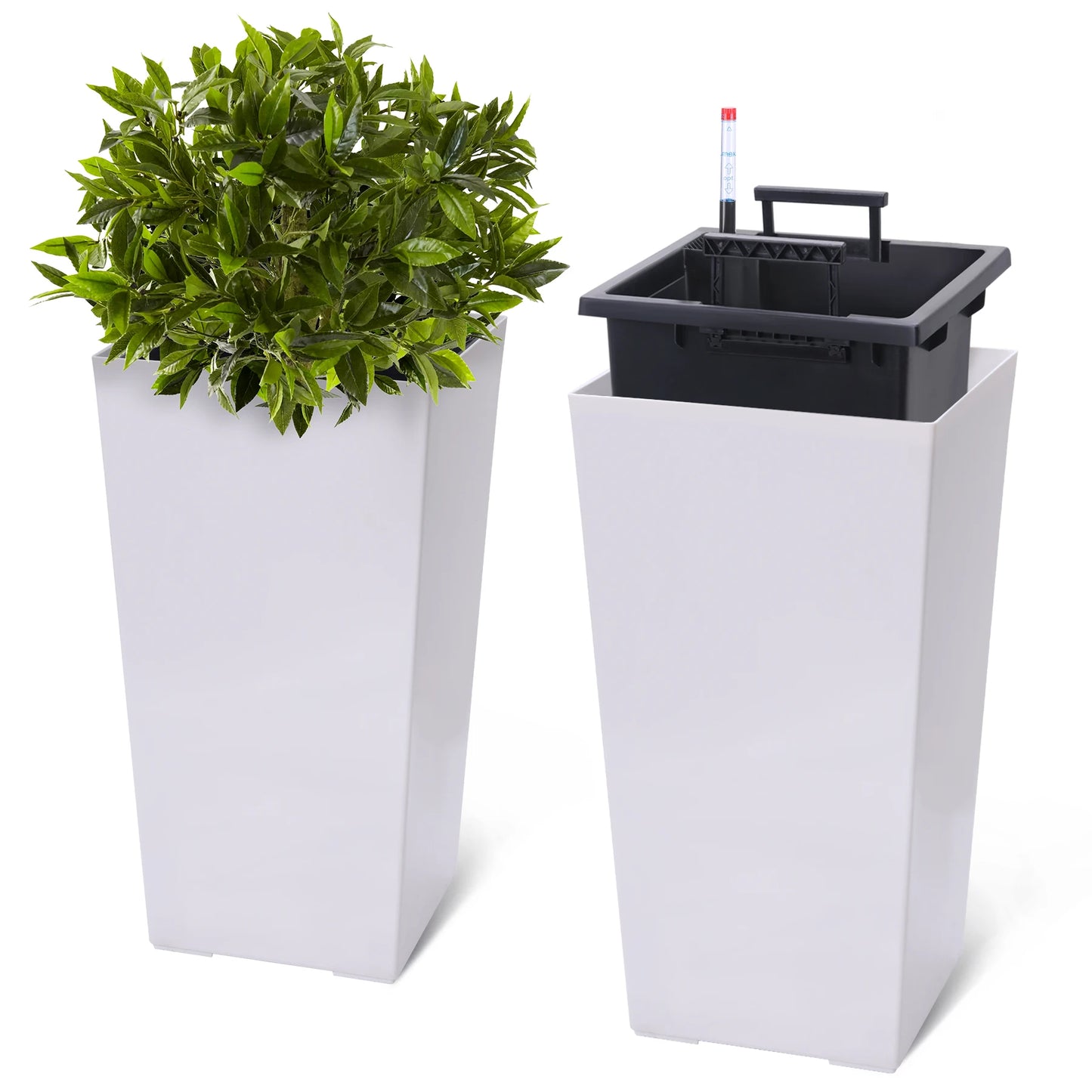2 PCS 22.4 Inch Tall Planter Indoor & Outdoor Black Taper Planter with Shelf Insert Self-Absorbing Plastic Flower Pots
