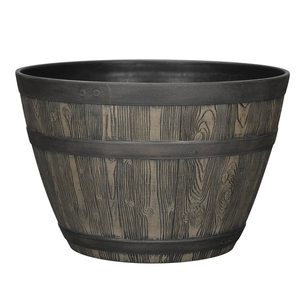 Rustic Whiskey Barrel Planter UV Resistant Brown Plastic Drainage Holes Suitable Indoor Outdoor Gardening Durable Flower Pot