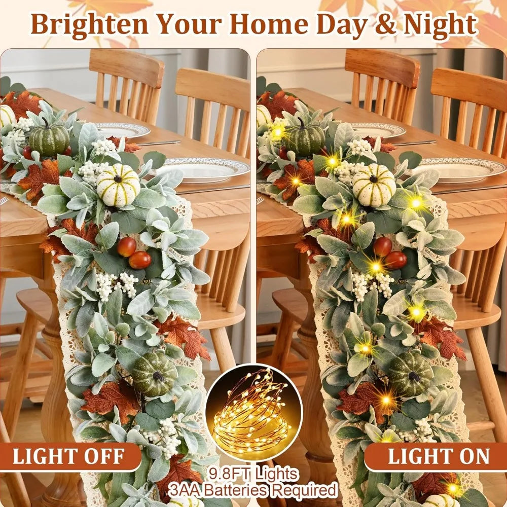 Fall Decorations for Home - 5.9 Ft Fall Leaves Garland with Pumpkin Lamb Ears Leaves Maple Leaves, Autumn Garland for Home Mantl