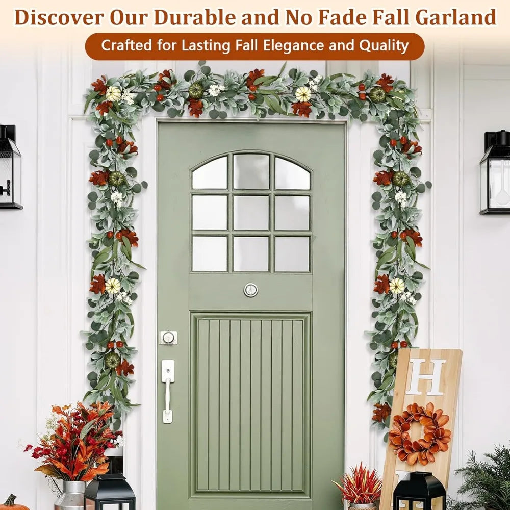 Fall Decorations for Home - 5.9 Ft Fall Leaves Garland with Pumpkin Lamb Ears Leaves Maple Leaves, Autumn Garland for Home Mantl