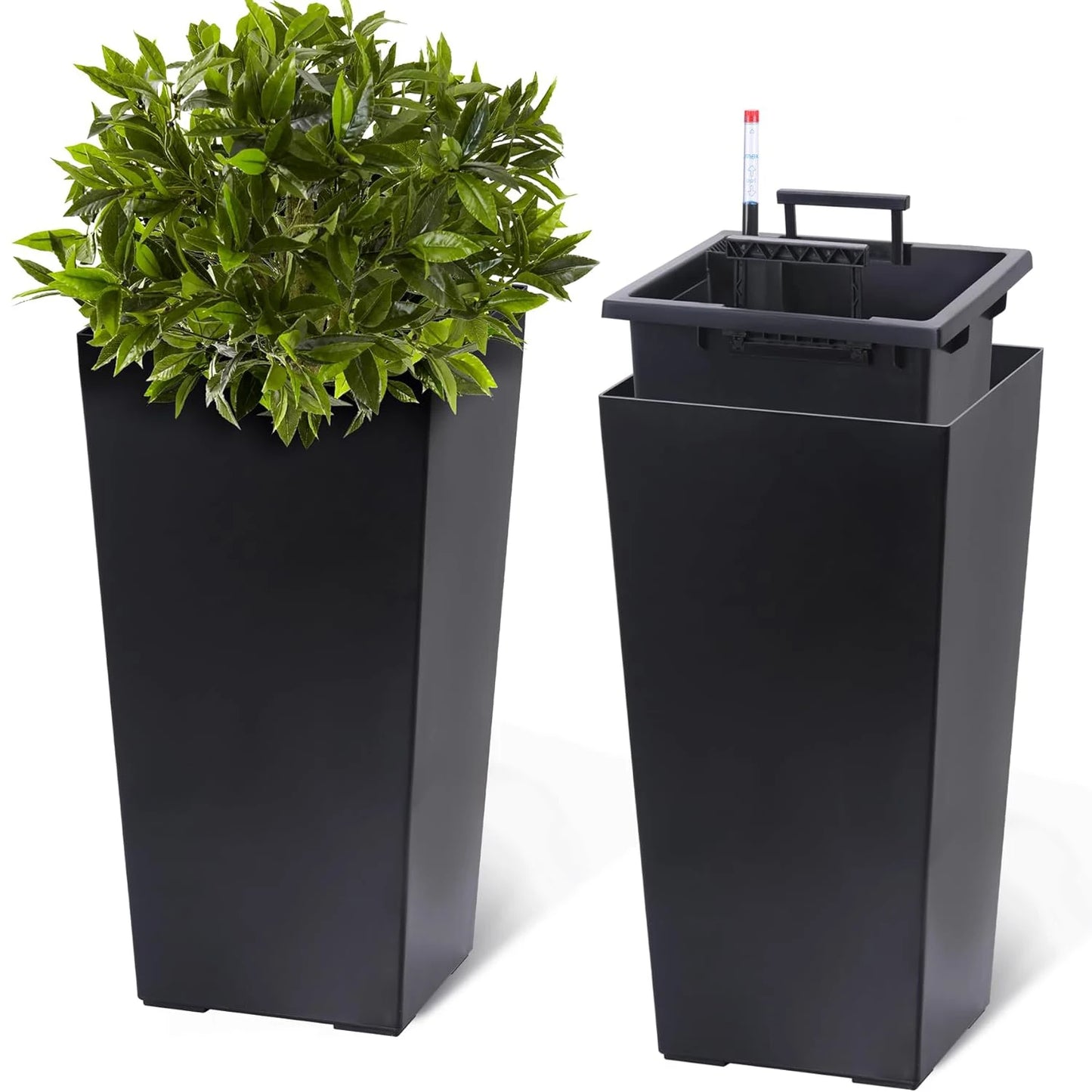 2 PCS 22.4 Inch Tall Planter Indoor ＆ Outdoor Black Taper Planter with Shelf Insert Self-Absorbing Plastic Flower Pots