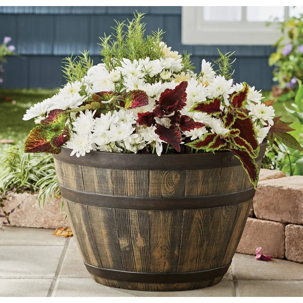 Rustic Whiskey Barrel Planter UV Resistant Brown Plastic Drainage Holes Suitable Indoor Outdoor Gardening Durable Flower Pot