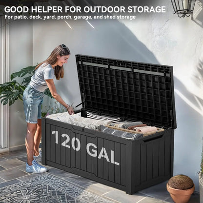 Outdoor Storage Box,120 Gallon Waterproof Deck Box for Garden Tools,Patio Cushions, and Pool Accessories,Lockable, Easy Assembly