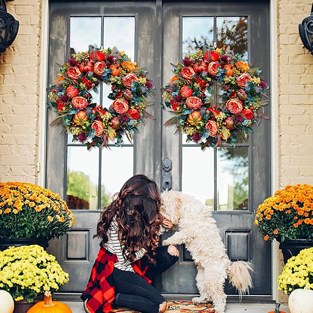45/50cm Autumn Harvest Wreath Artificial Pumpkin Wreath Front Door Autumn Wreath for Thanksgiving Harvest Halloween Party Decor