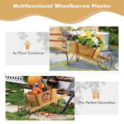 2 In 1 Wheelbarrow Planter Wooden Wagon Planter with 9 Magnetic Accessories for Garden Yard