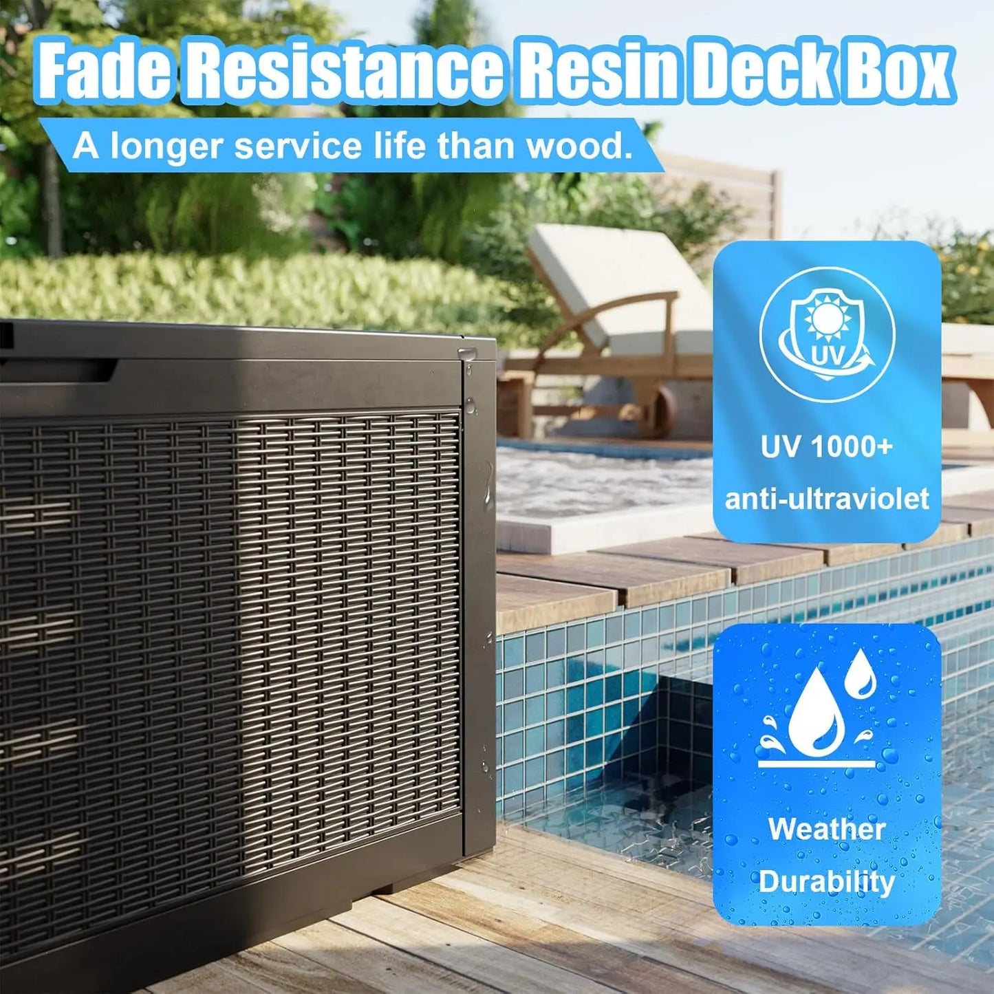 100 Gallon Deck Box,Resin Outdoor Storage Box with Lockable for Patio Furniture,Pool Accessories,Garden Tools Waterproof Outside