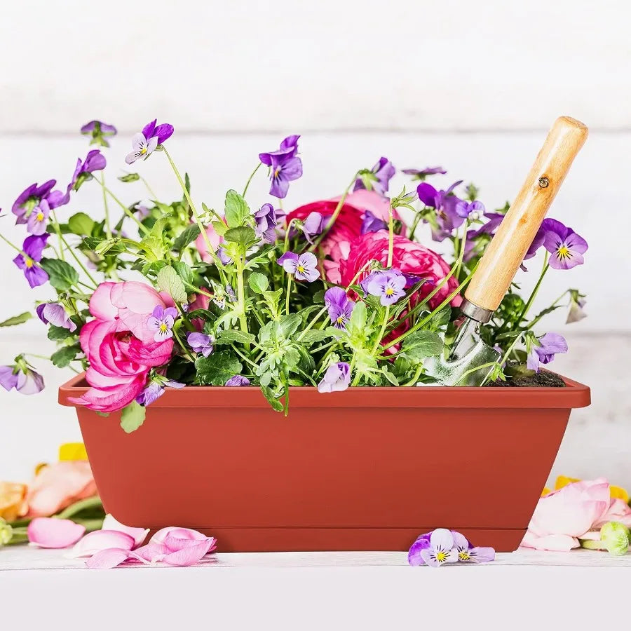 7Pack Rectangular Plastic Window Box Planters 17 Inches Tall with Saucers for Indoor and Outdoor Gardens Ideal for Vegetables F