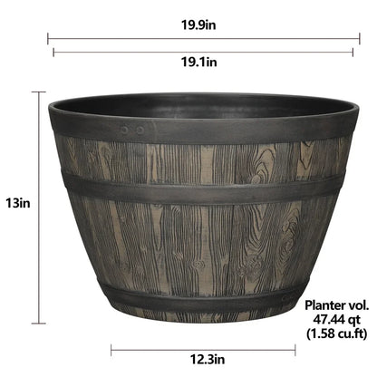 Rustic Whiskey Barrel Planter UV Resistant Brown Plastic Drainage Holes Suitable Indoor Outdoor Gardening Durable Flower Pot