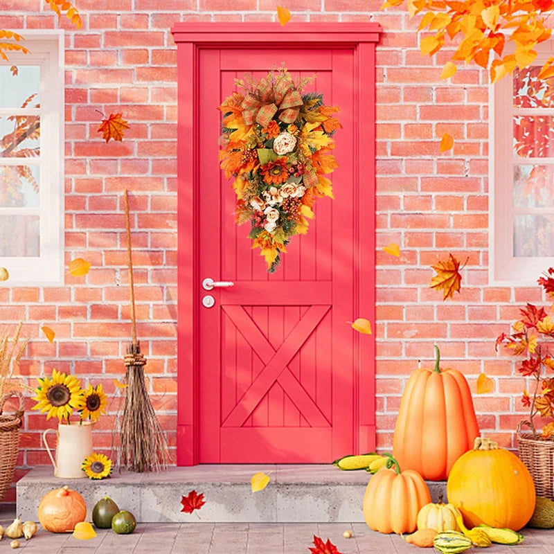 Thanksgiving Door Decorations Fall Wreath Artificial Garland With Peony Berries Maple Sunflower Leaves Harvest Party Pendant