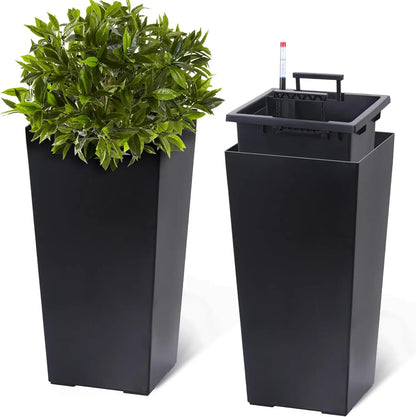 2 PCS 22.4 Inch Tall Planter Indoor ＆ Outdoor Black Taper Planter with Shelf Insert Self-Absorbing Plastic Flower Pots