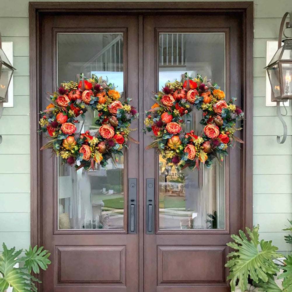 45/50cm Autumn Harvest Wreath Artificial Pumpkin Wreath Front Door Autumn Wreath for Thanksgiving Harvest Halloween Party Decor