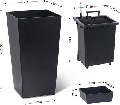 2 PCS 22.4 Inch Tall Planter Indoor ＆ Outdoor Black Taper Planter with Shelf Insert Self-Absorbing Plastic Flower Pots