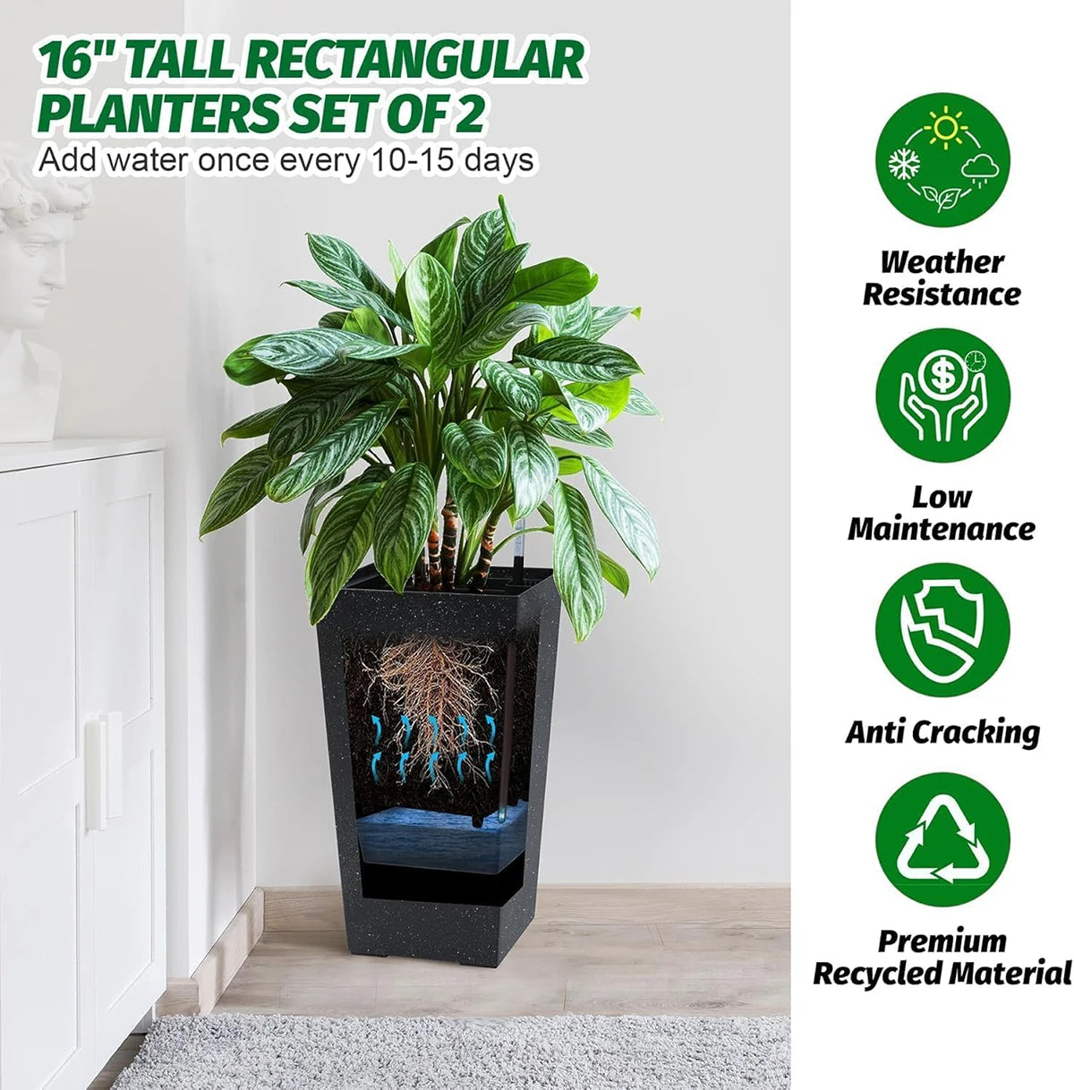 Rectangular Planters Set of 2, Large Plant Pots with Drainage Holes＆Water Level Monitor for Outdoor Indoor Patio Porch Rooms