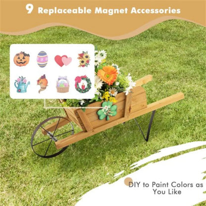 2 In 1 Wheelbarrow Planter Wooden Wagon Planter with 9 Magnetic Accessories for Garden Yard