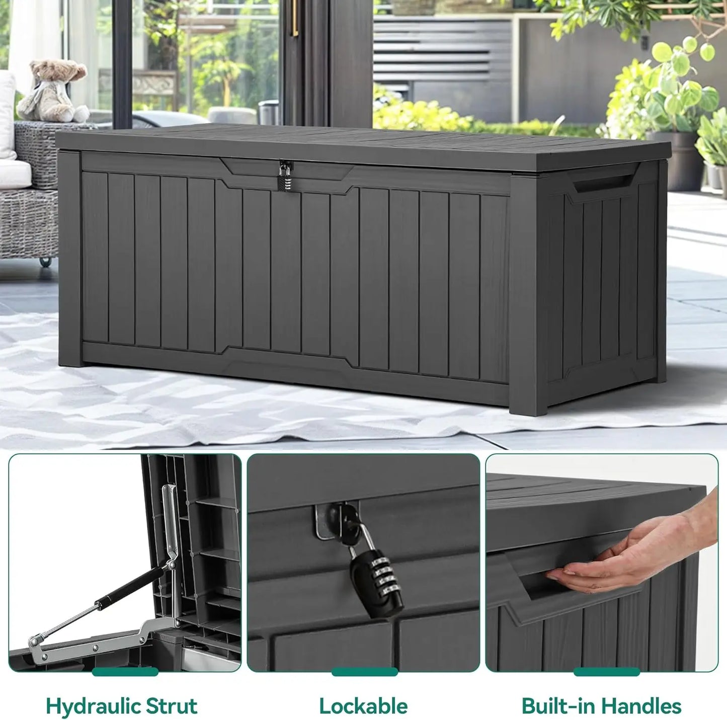 Outdoor Storage Box,120 Gallon Waterproof Deck Box for Garden Tools,Patio Cushions, and Pool Accessories,Lockable, Easy Assembly