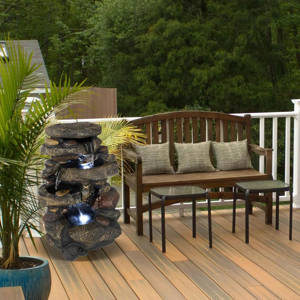 Pure Garden Outdoor Stone Waterfall Fountain with LED Lights for Patio and Garden, Natural Soothing Sounds