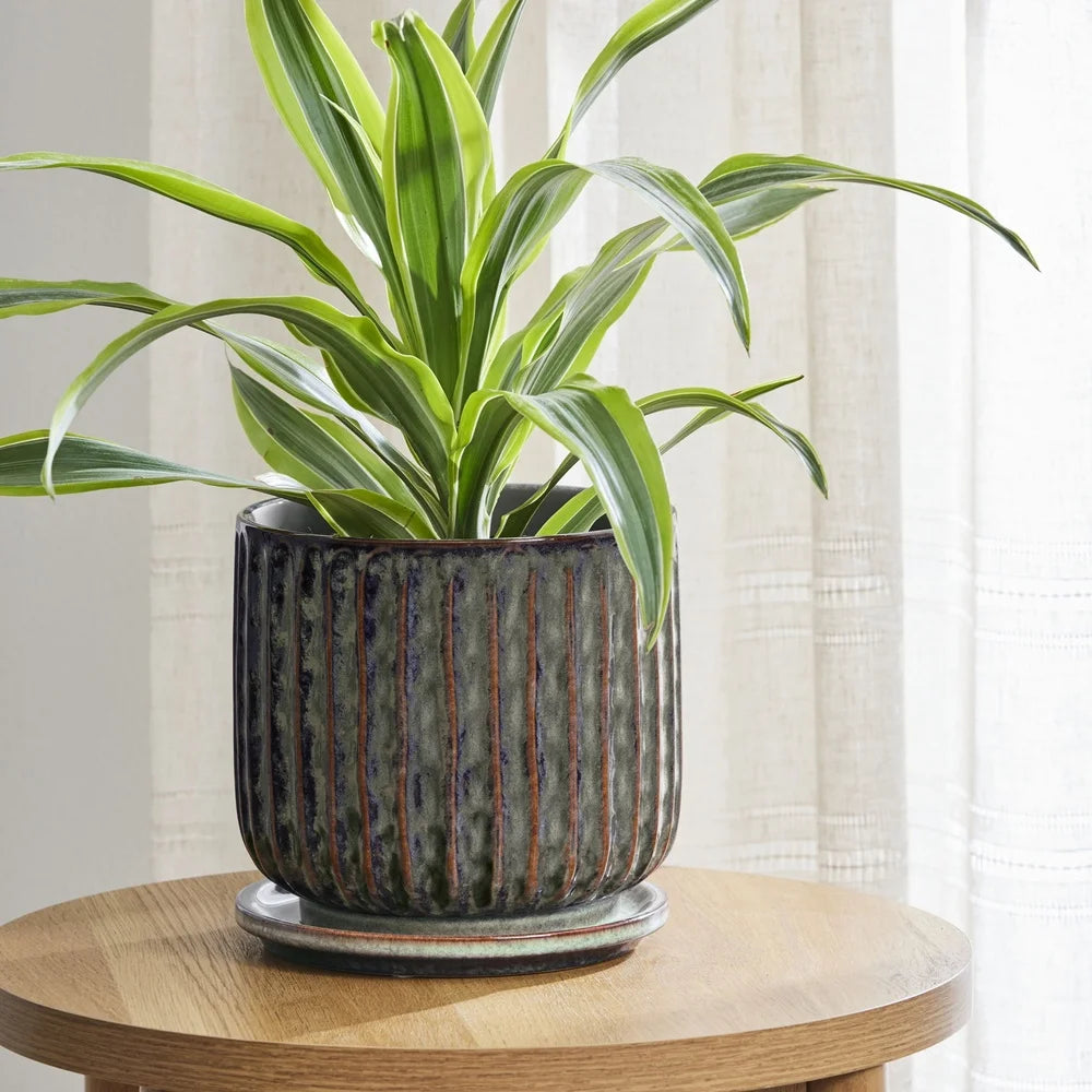 Ceramic Planter 8 Inch with Attached Saucer Drainage Holes Modern Indoor Outdoor Flower Pot Durable Gardening Container