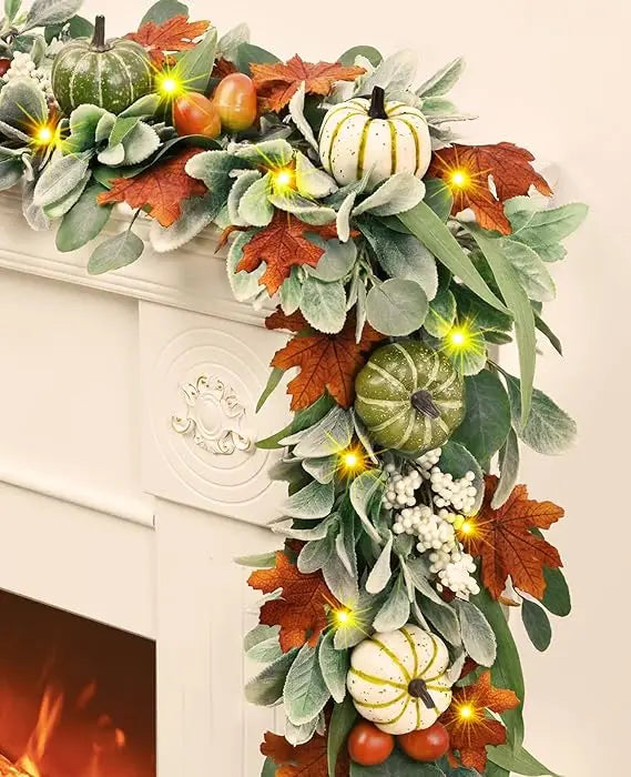 Fall Decorations for Home - 5.9 Ft Fall Leaves Garland with Pumpkin Lamb Ears Leaves Maple Leaves, Autumn Garland for Home Mantl