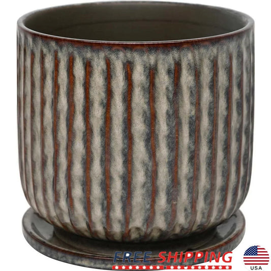Ceramic Planter 8 Inch with Attached Saucer Drainage Holes Modern Indoor Outdoor Flower Pot Durable Gardening Container
