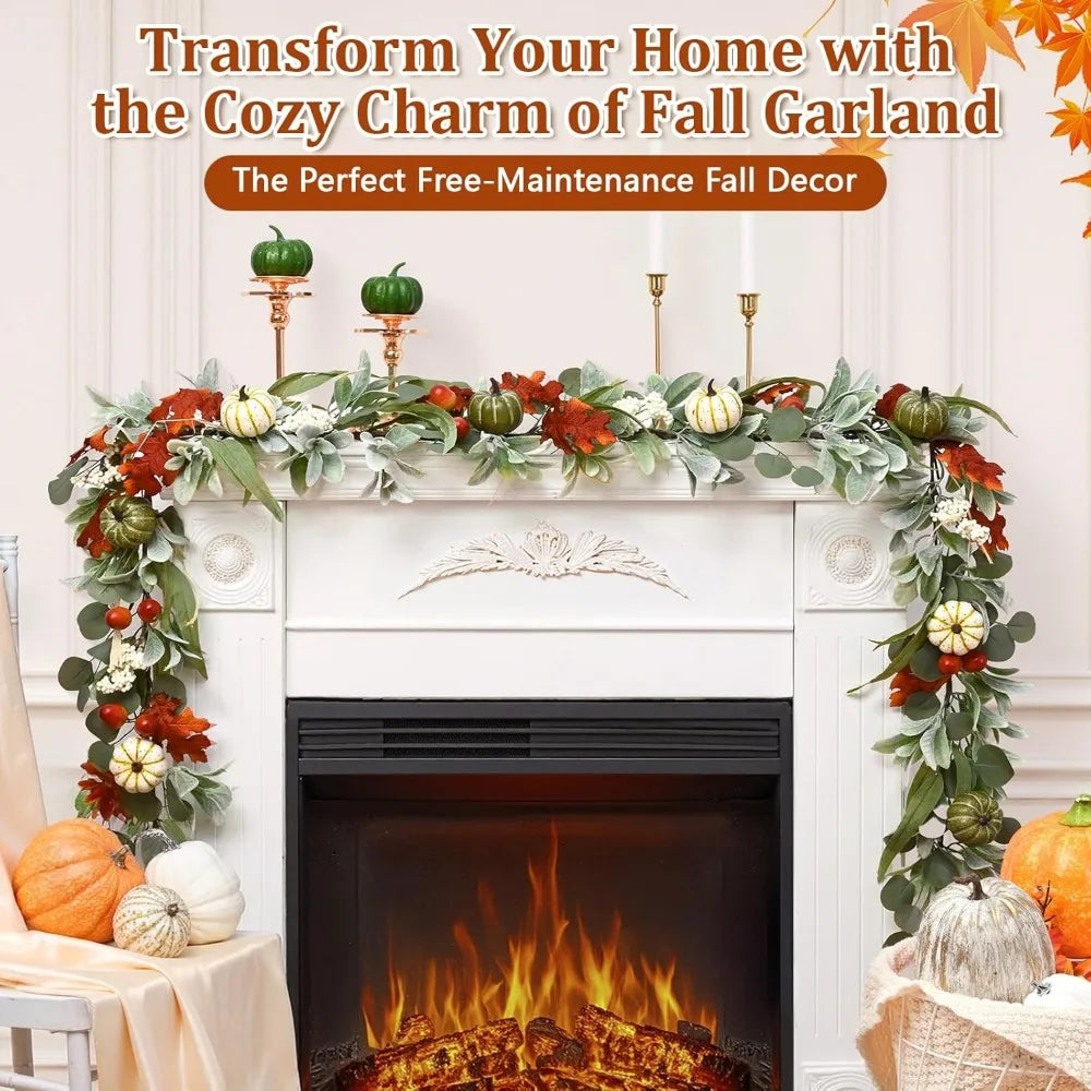 Fall Decorations for Home - 5.9 Ft Fall Leaves Garland with Pumpkin Lamb Ears Leaves Maple Leaves, Autumn Garland for Home Mantl