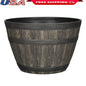 Rustic Whiskey Barrel Planter UV Resistant Brown Plastic Drainage Holes Suitable Indoor Outdoor Gardening Durable Flower Pot