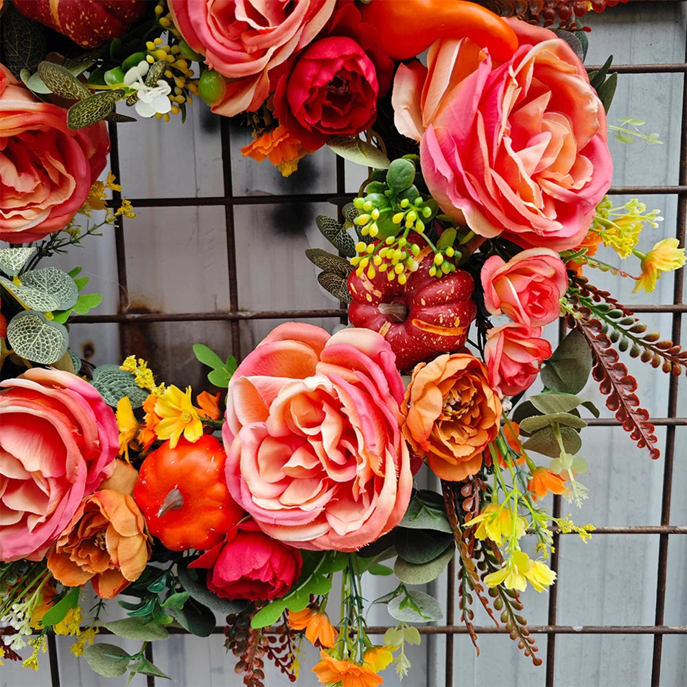 45/50cm Autumn Harvest Wreath Artificial Pumpkin Wreath Farmhouse Fall Garland for Thanksgiving Harvest Halloween Party Decor