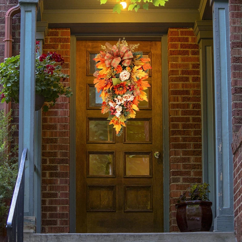 Thanksgiving Door Decorations Fall Wreath Artificial Garland With Peony Berries Maple Sunflower Leaves Harvest Party Pendant
