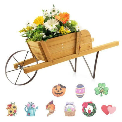 2 In 1 Wheelbarrow Planter Wooden Wagon Planter with 9 Magnetic Accessories for Garden Yard