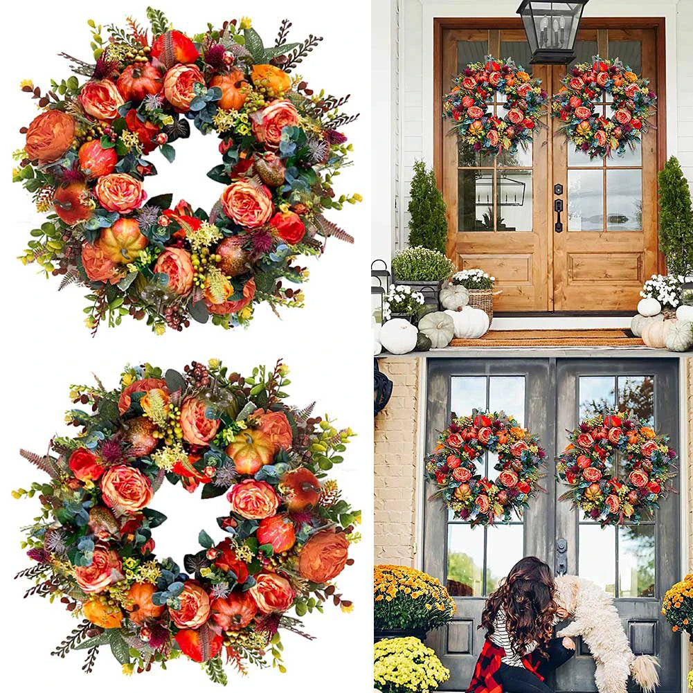 45/50cm Autumn Harvest Wreath Artificial Pumpkin Wreath Farmhouse Fall Garland for Thanksgiving Harvest Halloween Party Decor
