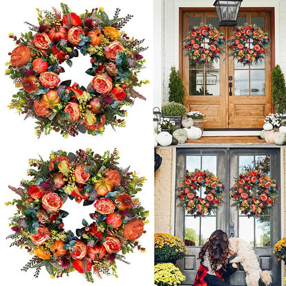 45/50cm Autumn Harvest Wreath Artificial Pumpkin Wreath Farmhouse Fall Garland for Thanksgiving Harvest Halloween Party Decor