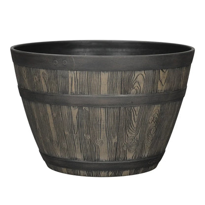 Rustic Whiskey Barrel Planter UV Resistant Brown Plastic Drainage Holes Suitable Indoor Outdoor Gardening Durable Flower Pot