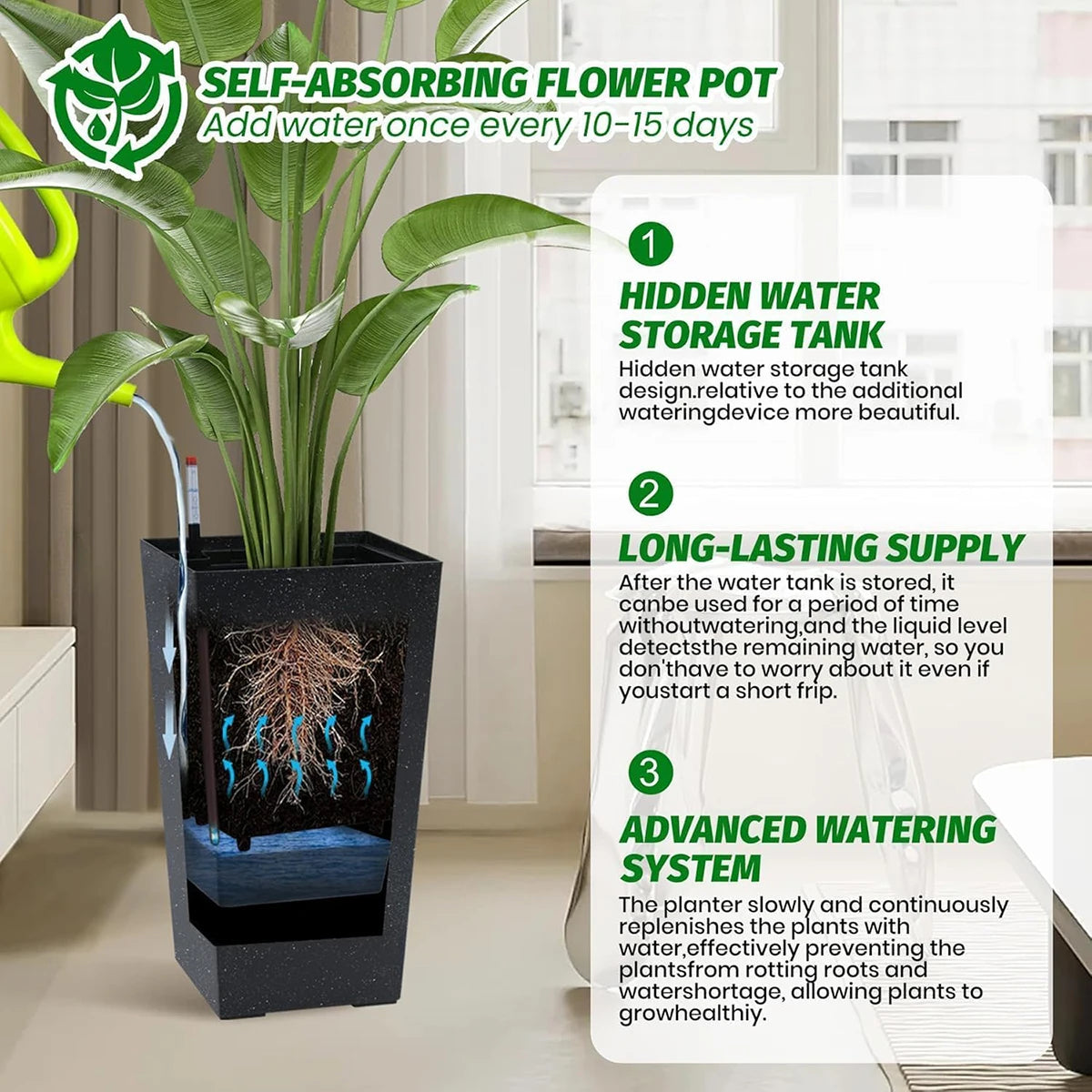 Rectangular Planters Set of 2, Large Plant Pots with Drainage Holes＆Water Level Monitor for Outdoor Indoor Patio Porch Rooms