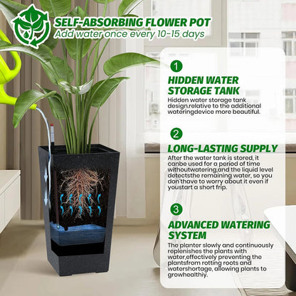 Rectangular Planters Set of 2, Large Plant Pots with Drainage Holes＆Water Level Monitor for Outdoor Indoor Patio Porch Rooms