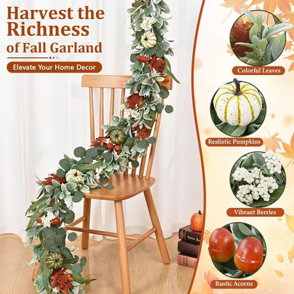 Fall Decorations for Home - 5.9 Ft Fall Leaves Garland with Pumpkin Lamb Ears Leaves Maple Leaves, Autumn Garland for Home Mantl